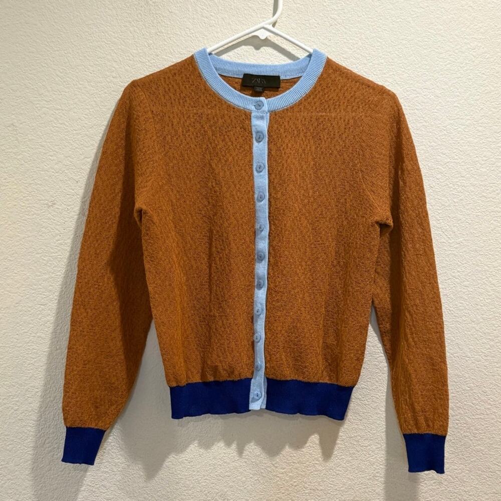 Zara Camel Brown & Blue Colorblock Contrast Trim Cardigan Sweater Size S